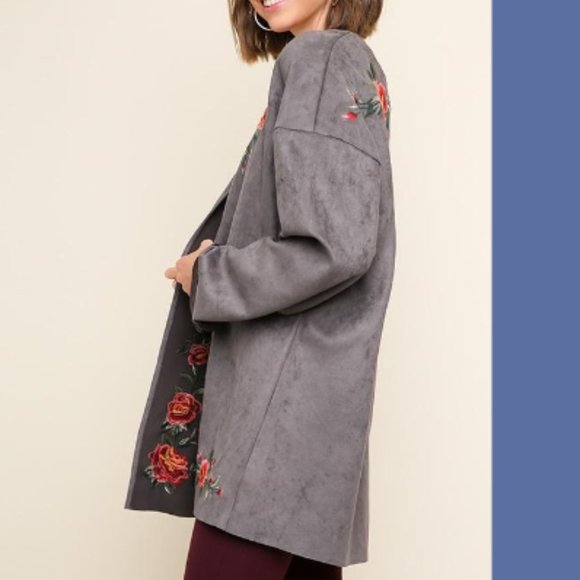 New UMGEE M gray embroidered roses open style sueded texture open tunic jacket - Picture 4 of 7